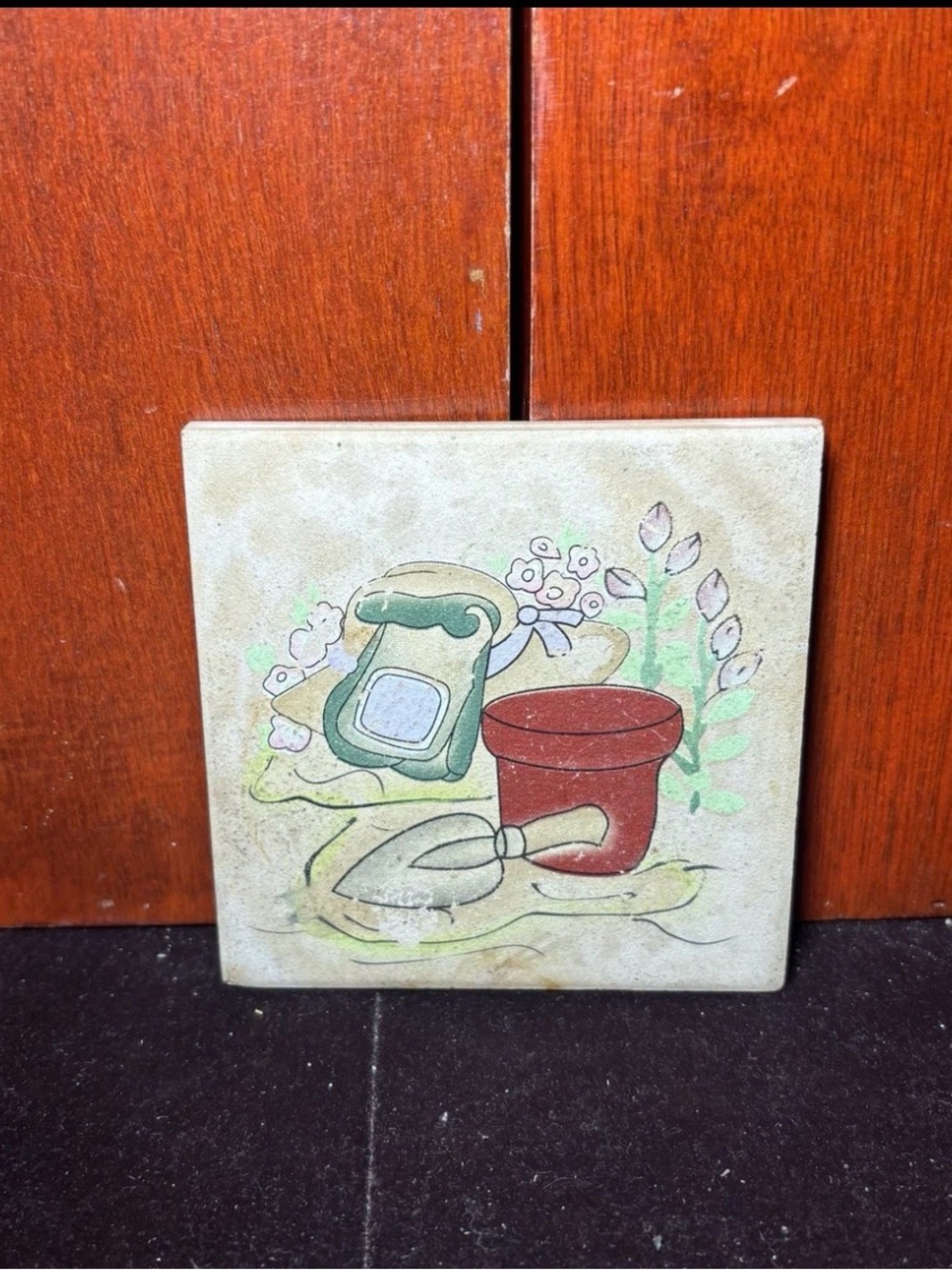 Hand-Painted Gardening Tile with Pot and Tools - Red, Green